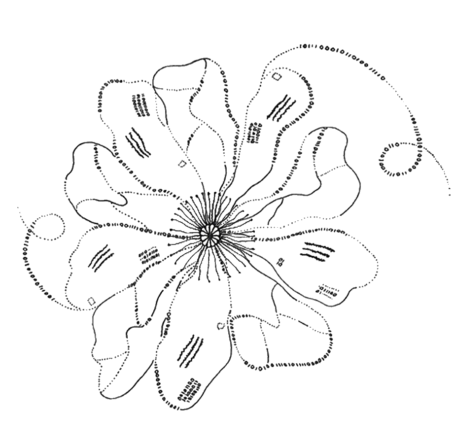 Title page illustration of a flower, with 10 petals comprised of free-flowing addressed envelopes and tendrils of binary