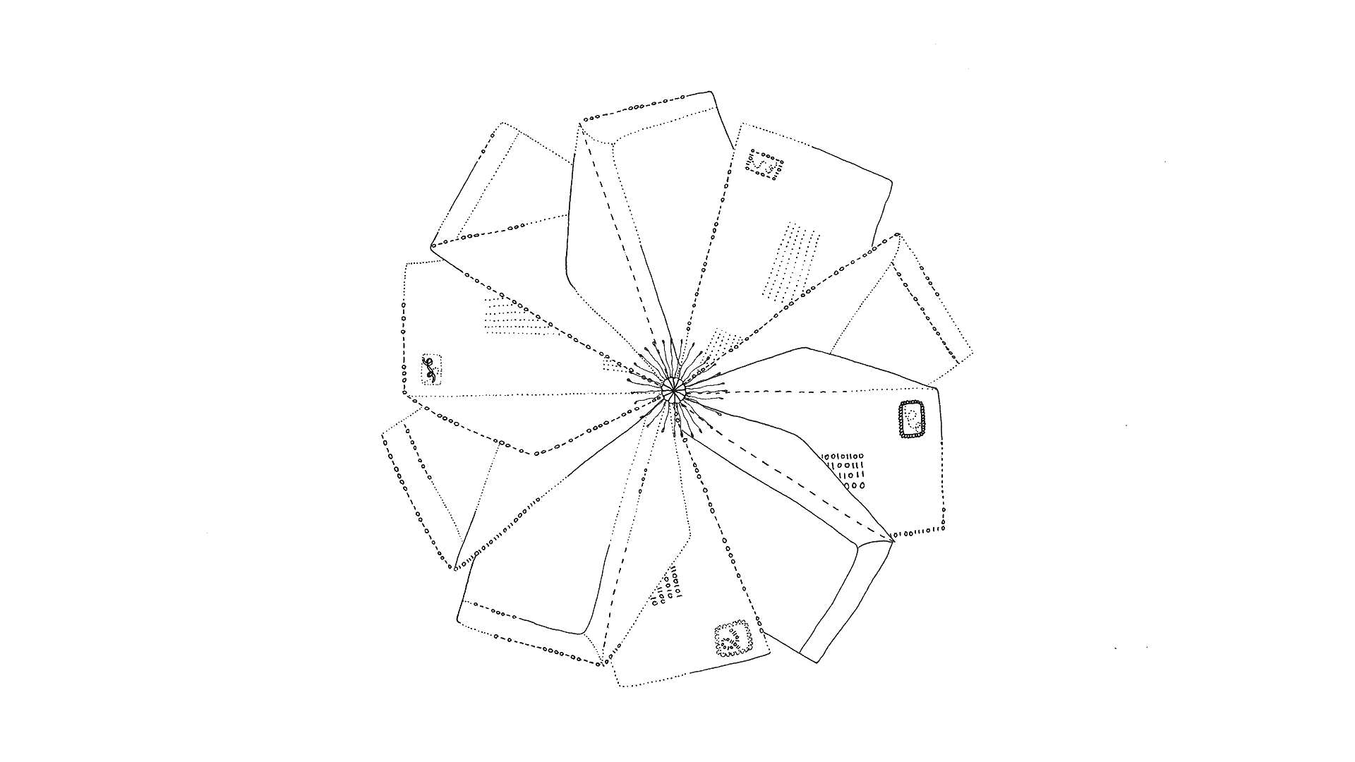 About page illustration of a flower, with 10 petals comprised of rectangular structured addressed envelopes outlined in binary